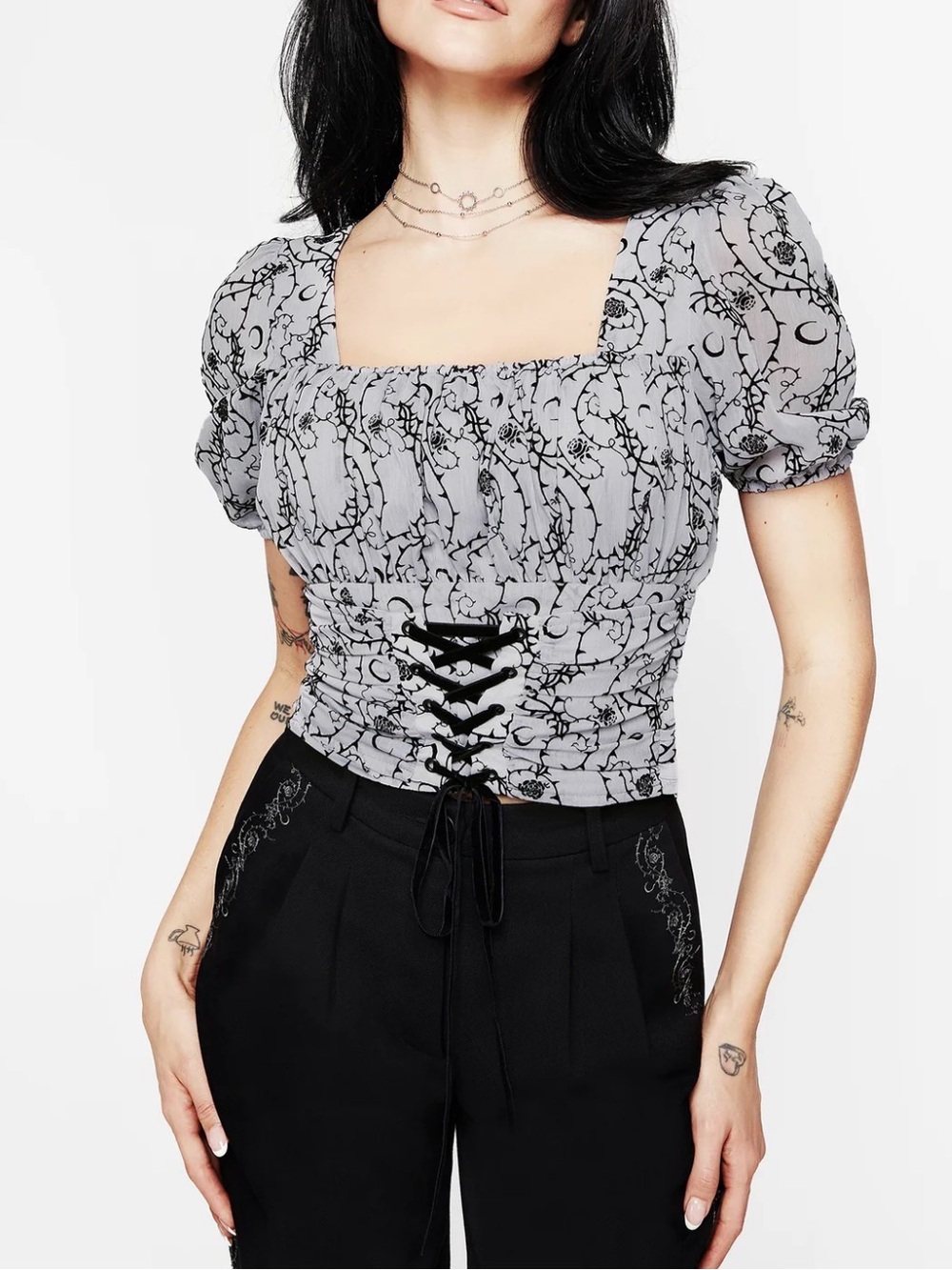 Disturbia Gray Square-Neck Lace-Up Puff Sleeve Crop Top 14
